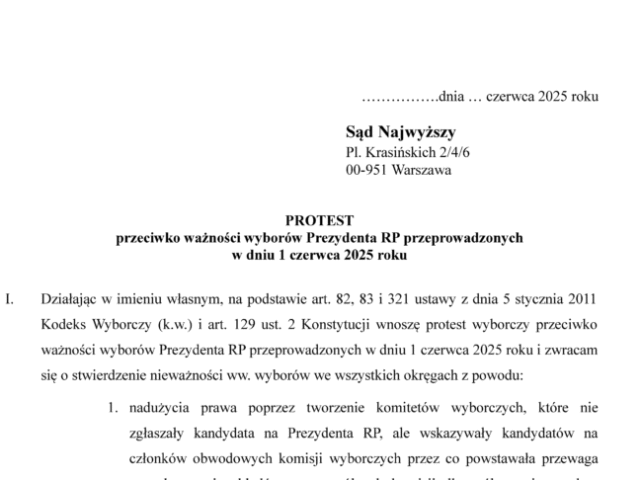 PROTEST przeciwko ważności wyborów Prezydenta RP